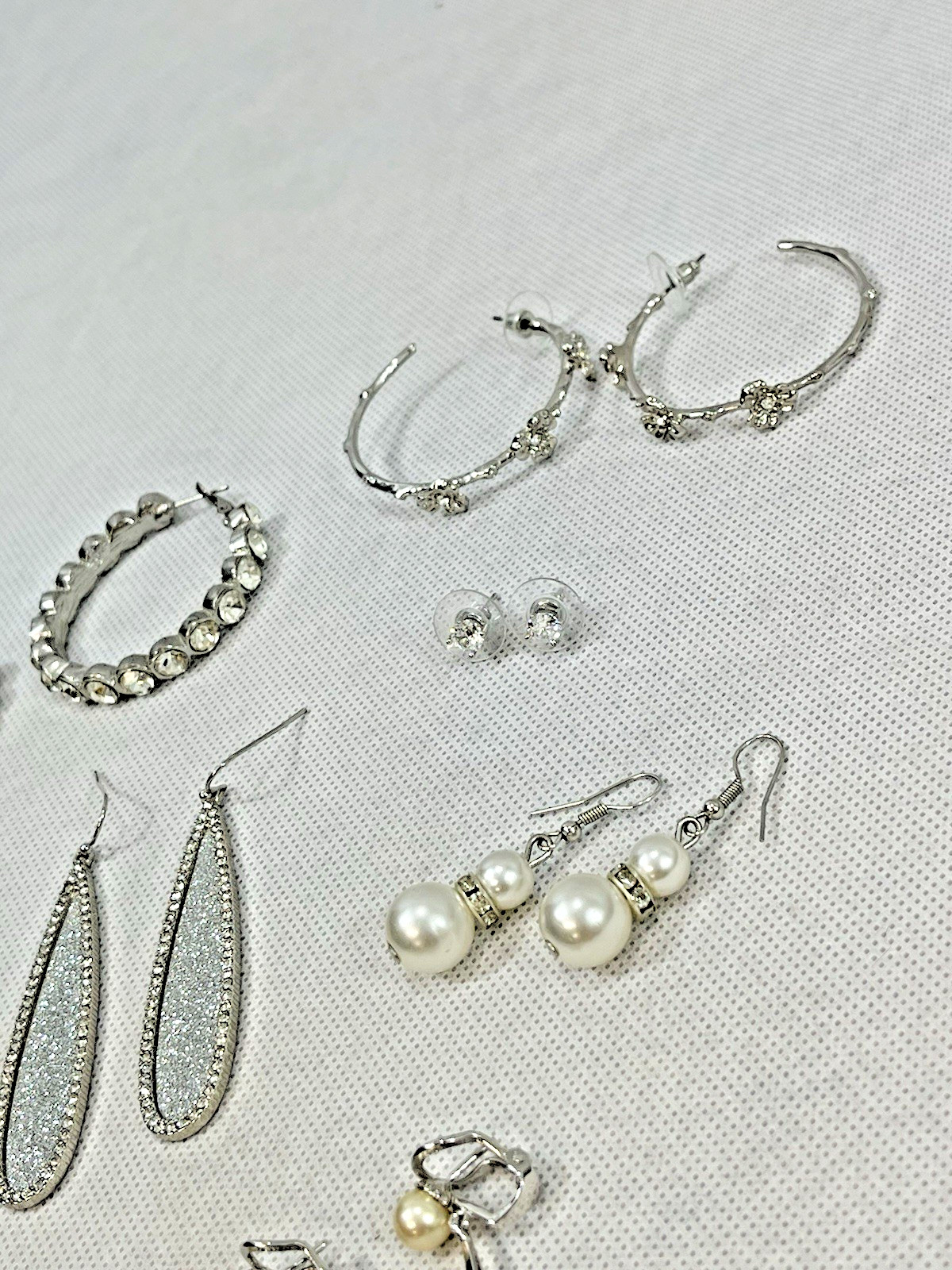 8 Pair Pierced EARRINGS LOT Faux Diamond Rhinestone Pearl Silver Tone Hoop Stud+
