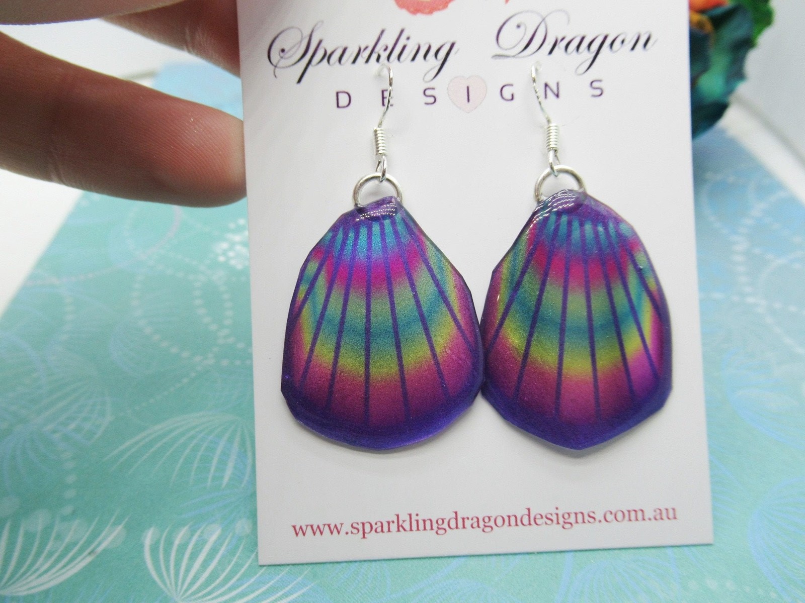 Butterfly Wing Earrings Blue & Rainbow Lines- Fairy Jewellery, Fun Gift for her
