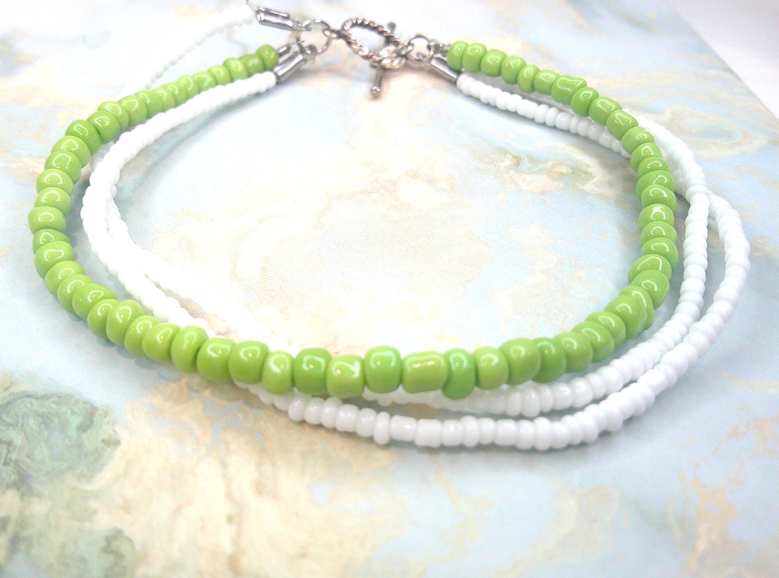Green White Bracelet Handmade MultiStrand Ceramic Beaded Colorful 9 in Plus Size