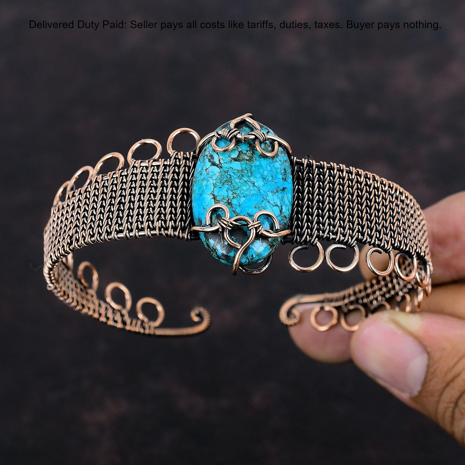 Copper Oval Tibetan Turquoise Stone Engagement Wire Wrapped Sister Trendy Bangle