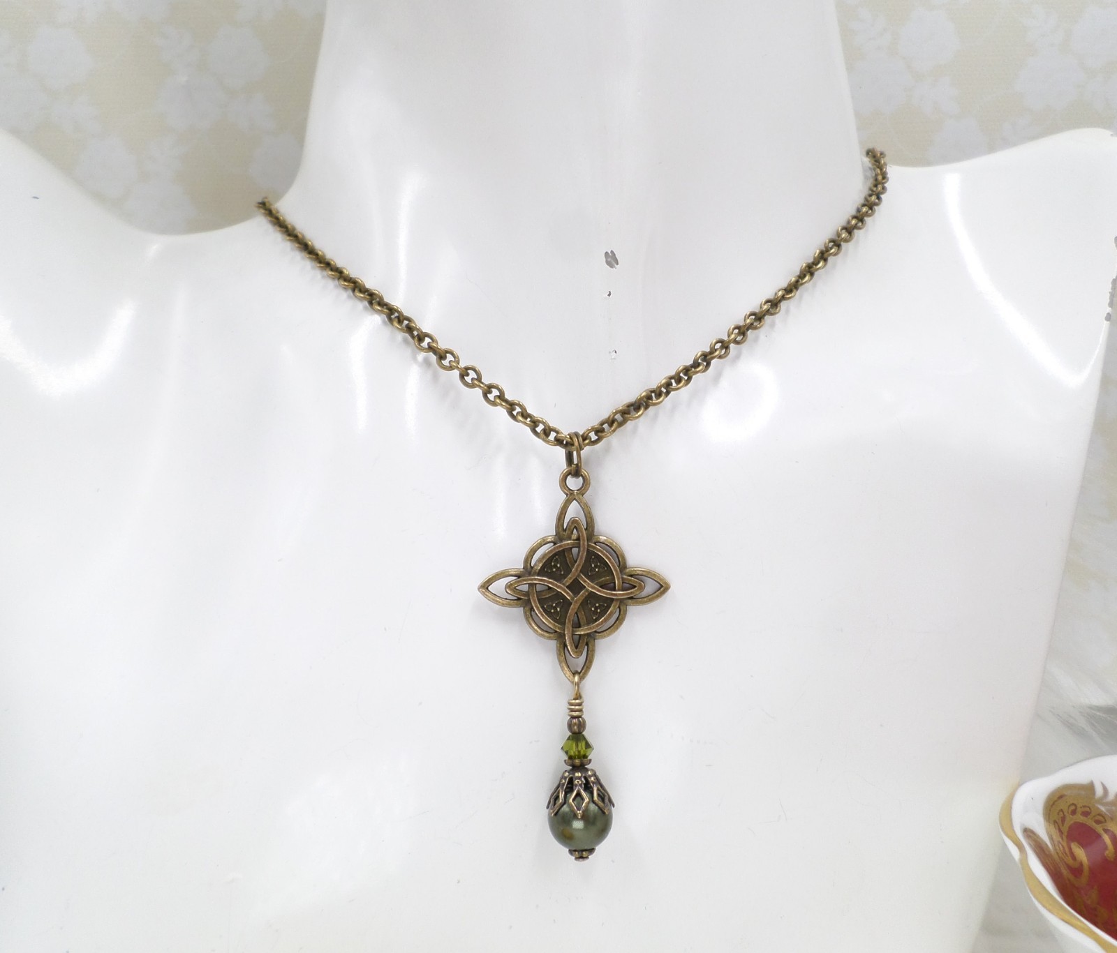 Celtic Knot Necklace, Green Bead Antique Brass Witch Knot Handmade Jewelry