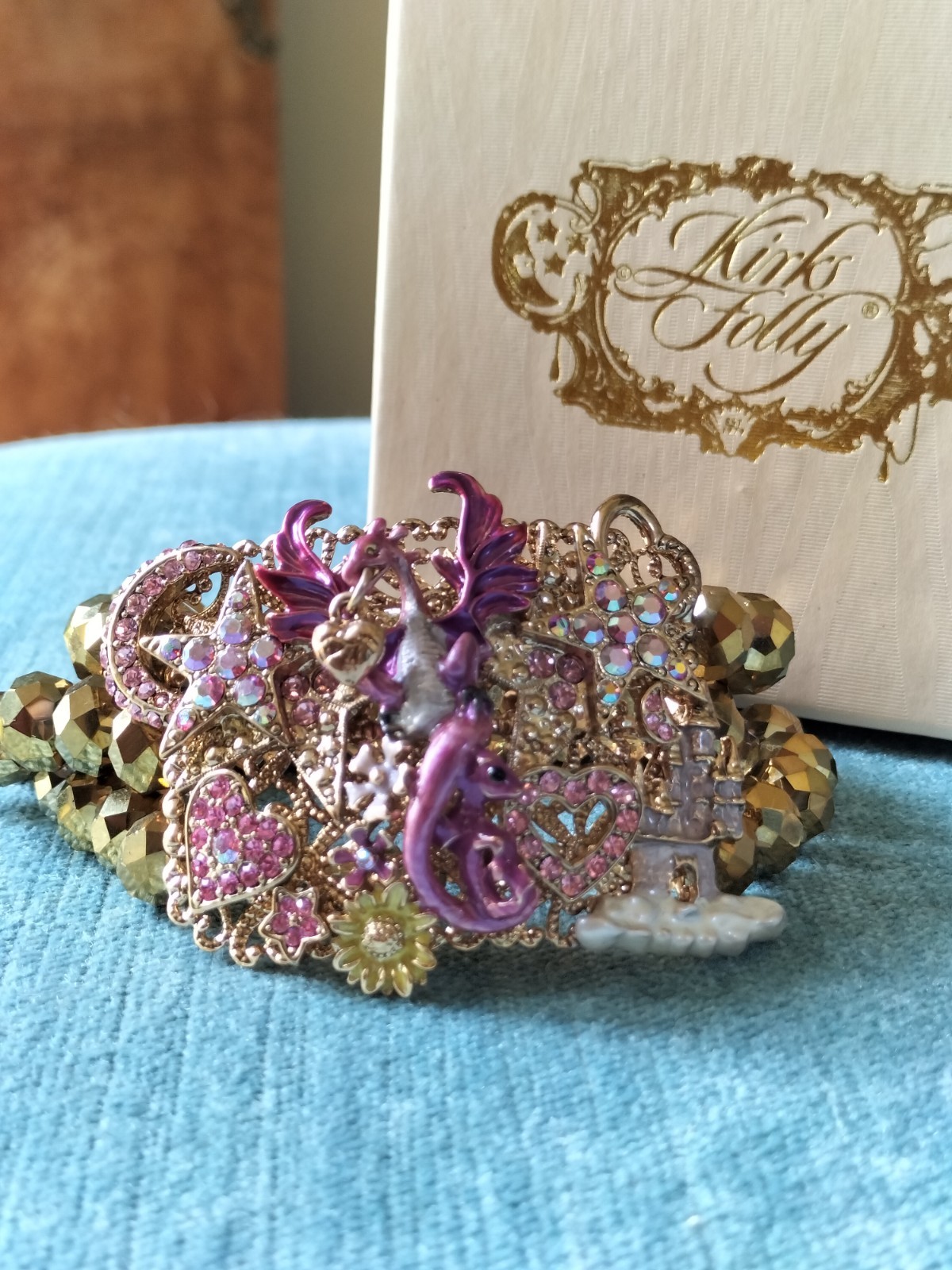 Kirks Folly Bracelet, Dragon & Castle Gold Stretchy Bead Bracelet Fairytale