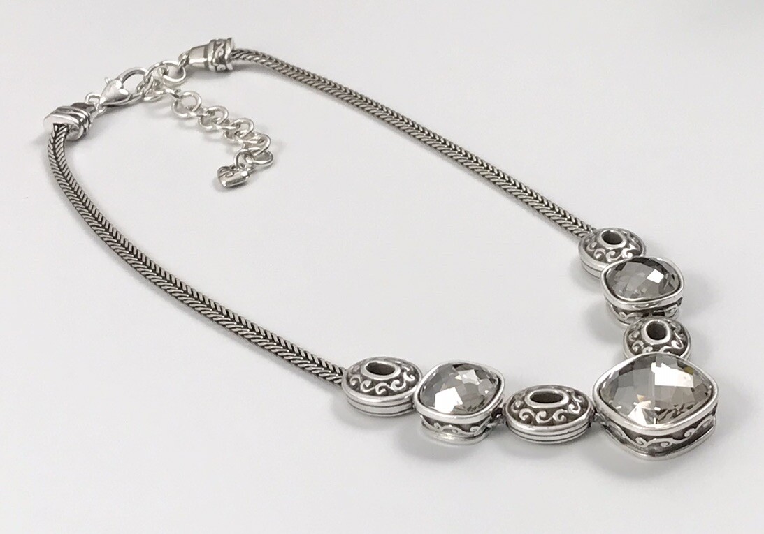 Brighton Venus Rising Silver Smokey Crystals Flat Chain Necklace 17 In. #16