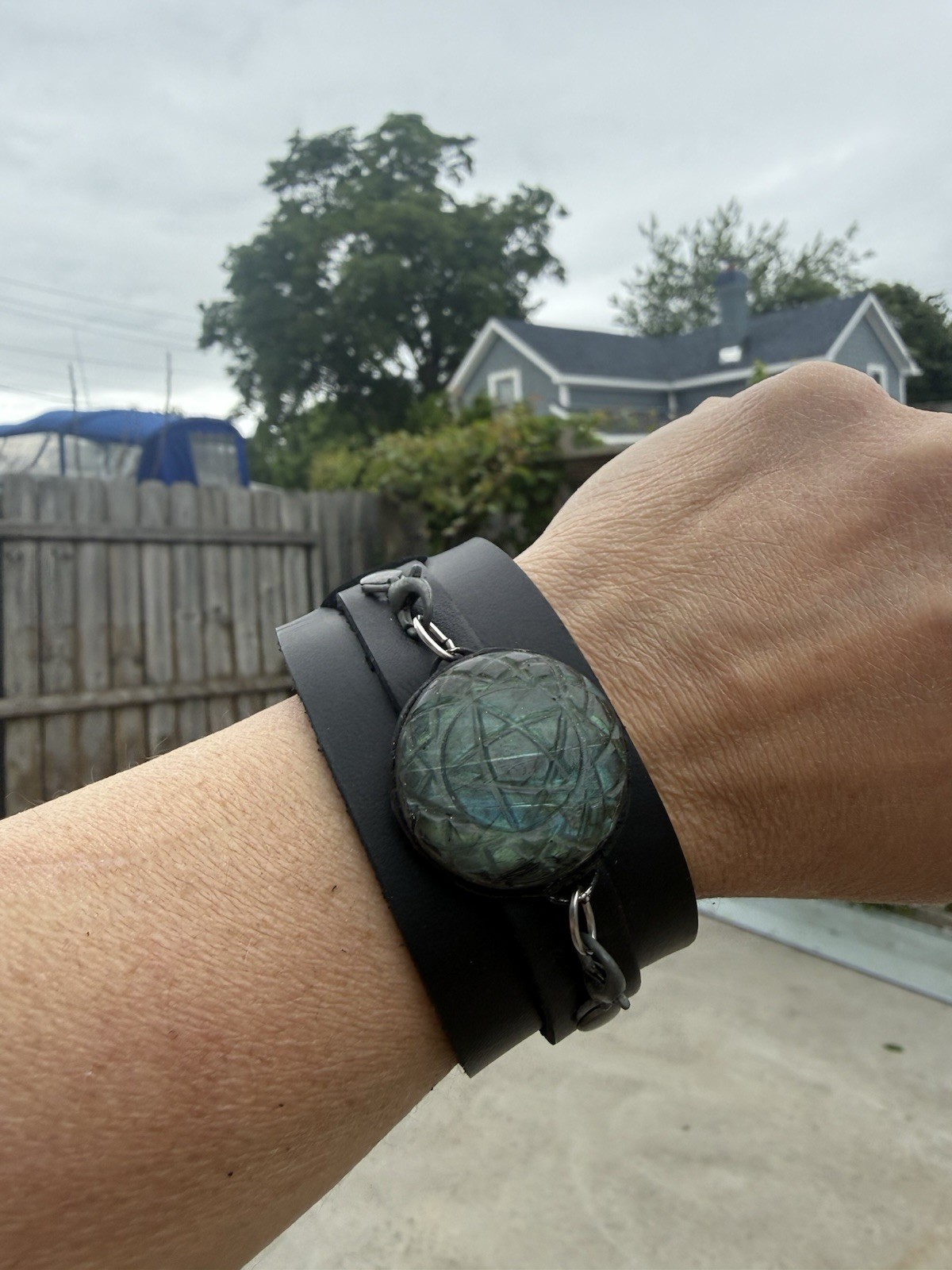 Black vegan Leather Wide Cuff Bracelet w/ Buckle Closure, Adjustable labradorite