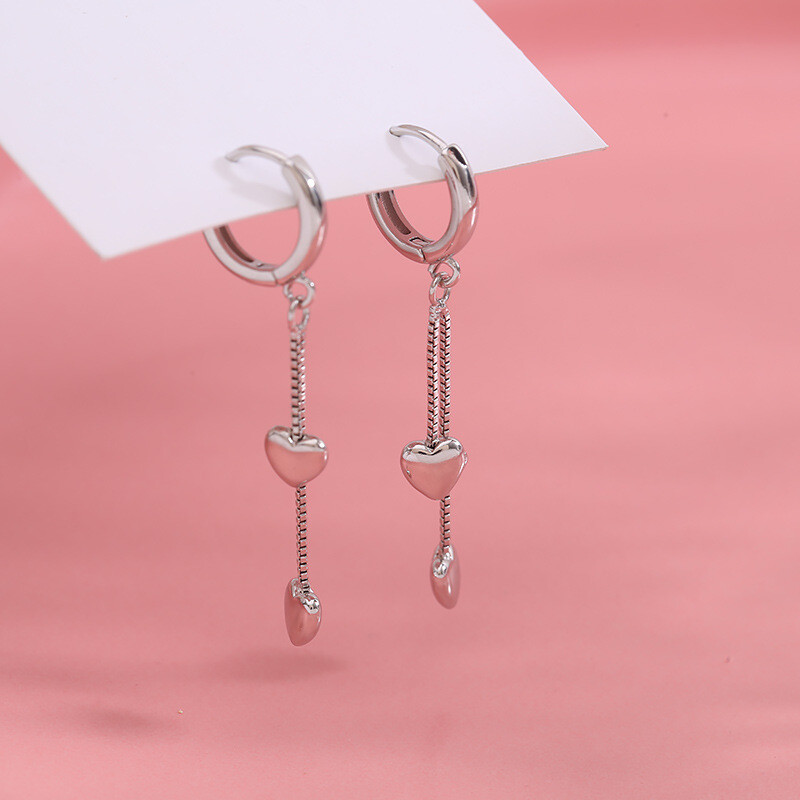 Women Sterling Silver Plated Tassel Chain Heart Huggie Hoop Dangle Earrings PE54