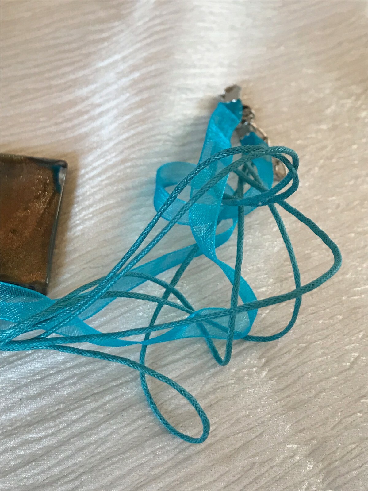Estate Multistrand Aqua Silk Cord with Large Square Swirl Fused Art Glass Pendan