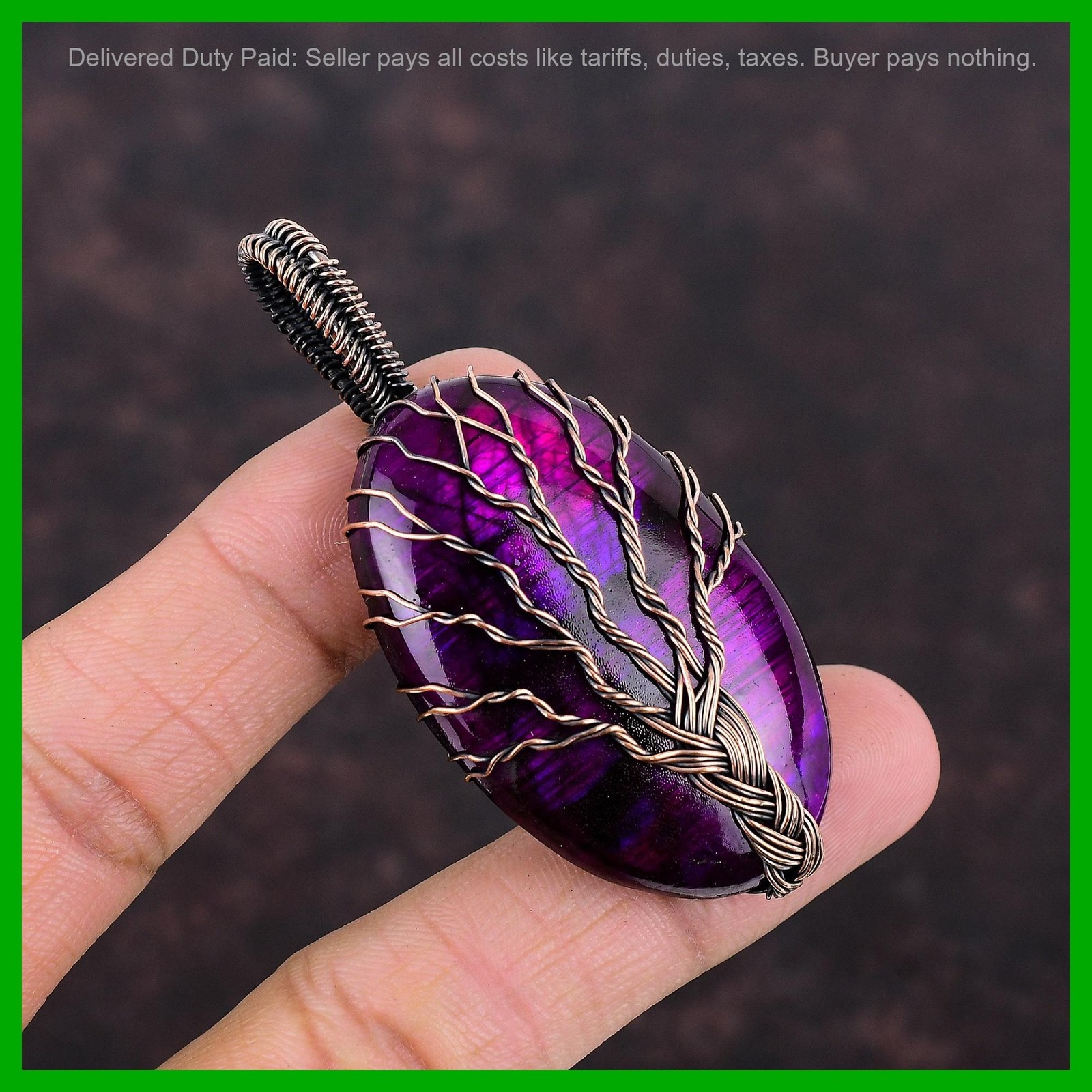 Copper Third Eye Chakra Natural Pink Fire Labradorite Wire Wrap Pendant Jewelry