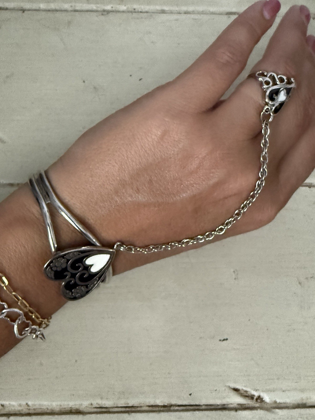 Heart Pendant Beaded Necklace & Heart Slave Bracelet Ring Set Boho Statement