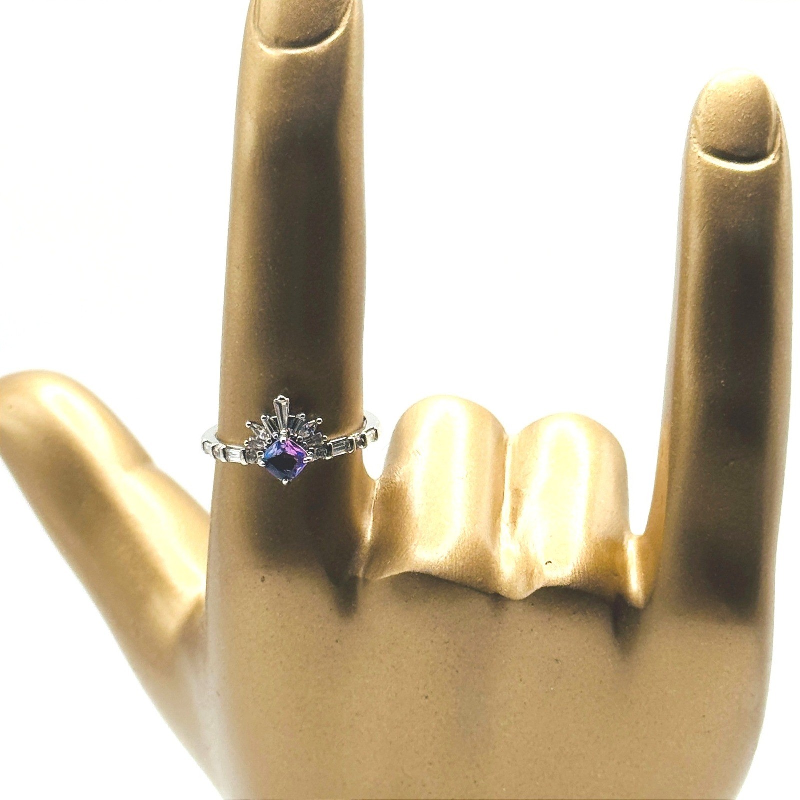 Alexandrite Purple Blue Kite Cut Sunburst Tiara Ring Silver Tone Size 10 Rhodium