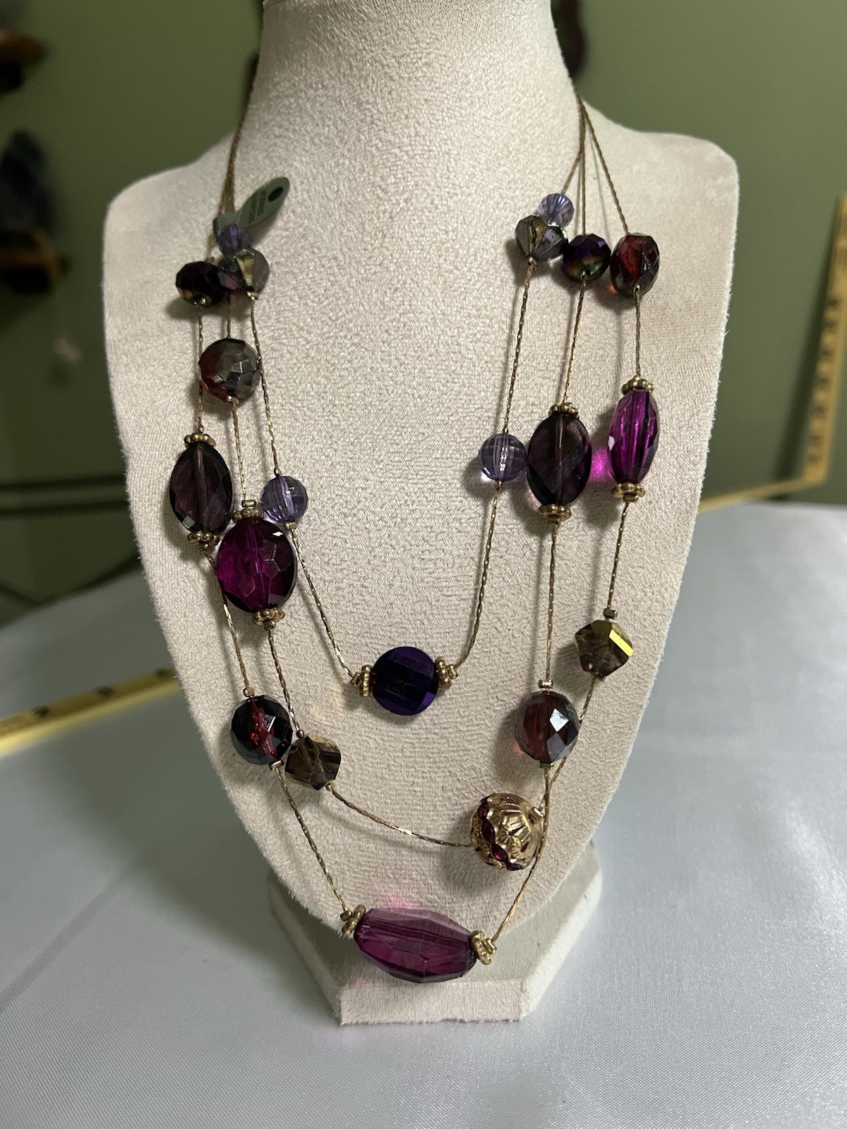 New Purple Multi Strand Layered Bead Necklace Floating Illusion Station Gold
