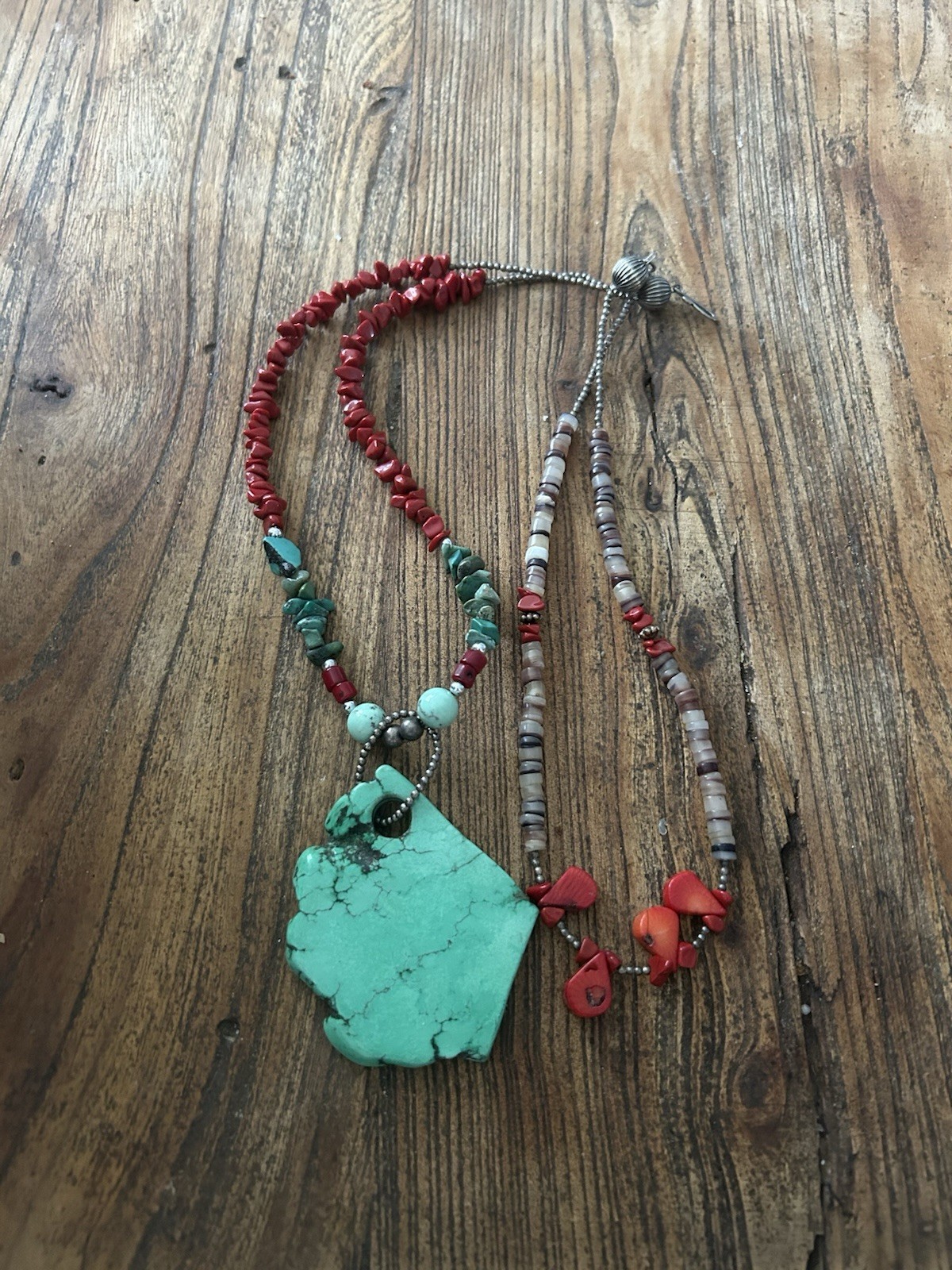 Turquoise & Coral Stone Beaded Pendant Necklace, Ball/Bead Chain, Hook