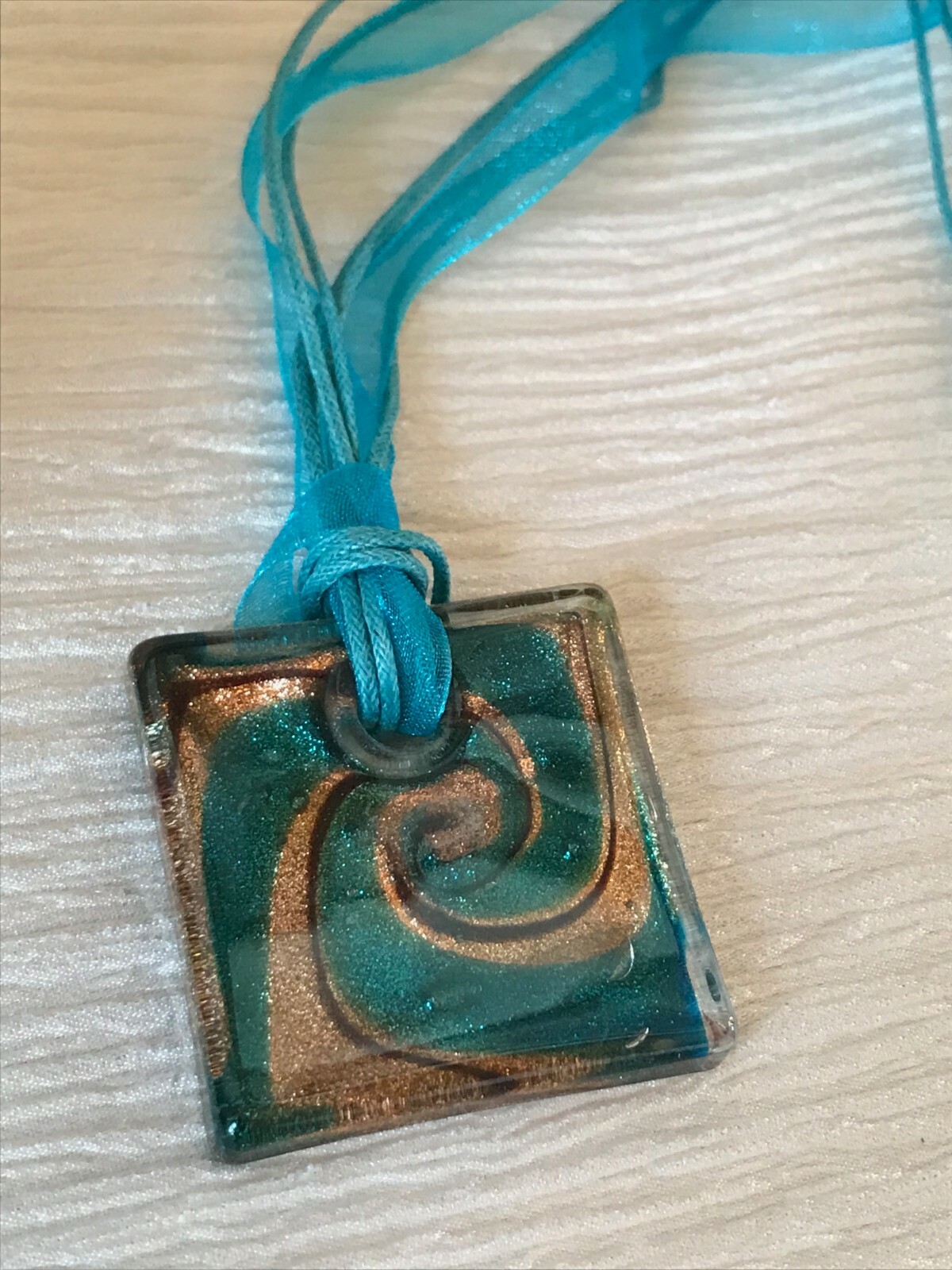 Estate Multistrand Aqua Silk Cord with Large Square Swirl Fused Art Glass Pendan