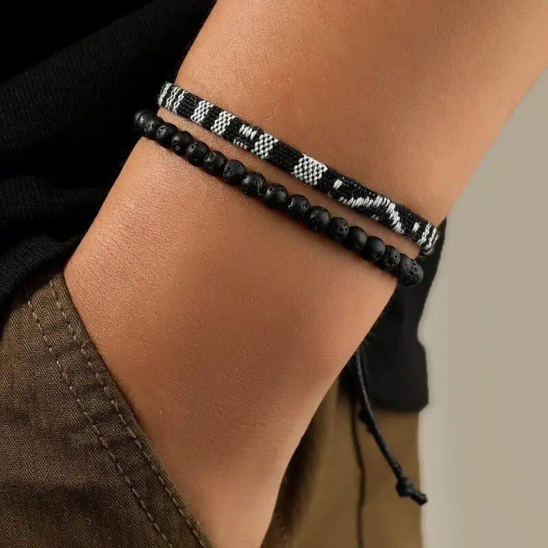 2pcs Handmade Natural Lava Rock Stone Surfer Rope Braided Bracelet Boho Gift
