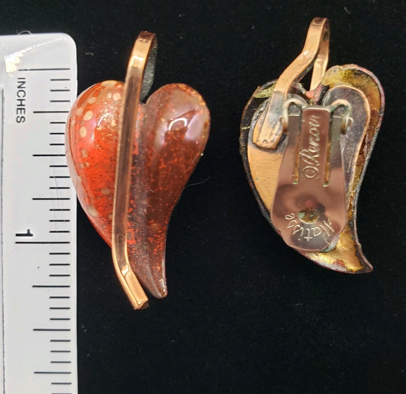 Earrings Clip On Signed Matisse Renoir Copper Enamel Leaf Mid Century Modern