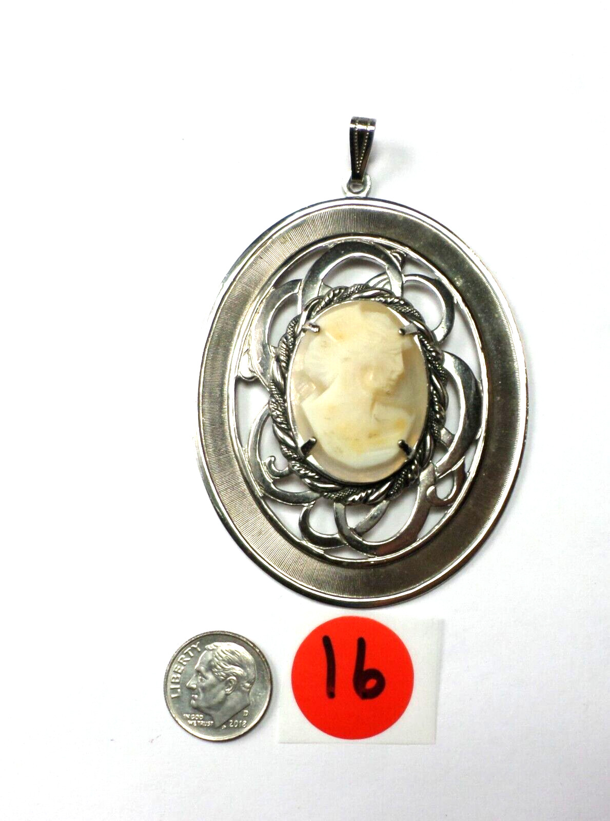 Vintage Woman Shell Cameo 30x22mm Facing Right XLarge Silver Pendant 84x55mm