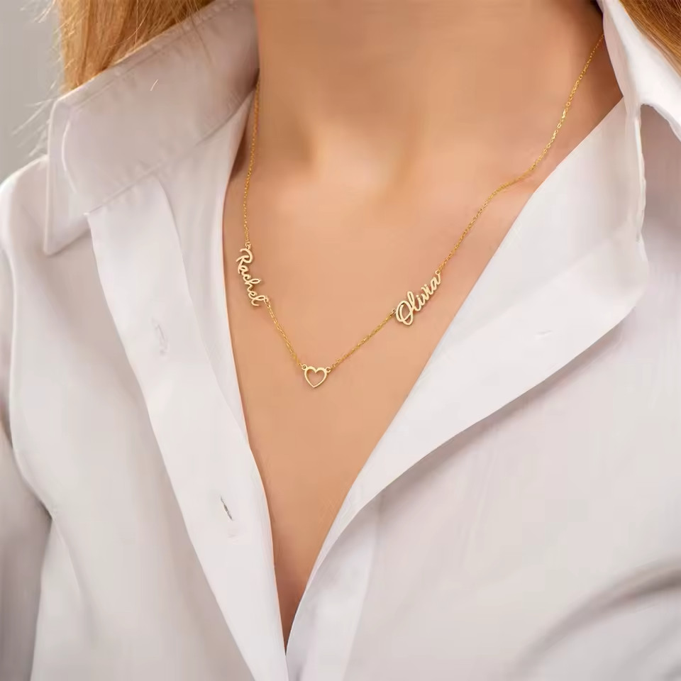 Custom Two Name Hollow Heart Pendant Necklace Chain Jewelry Love Gift Silver