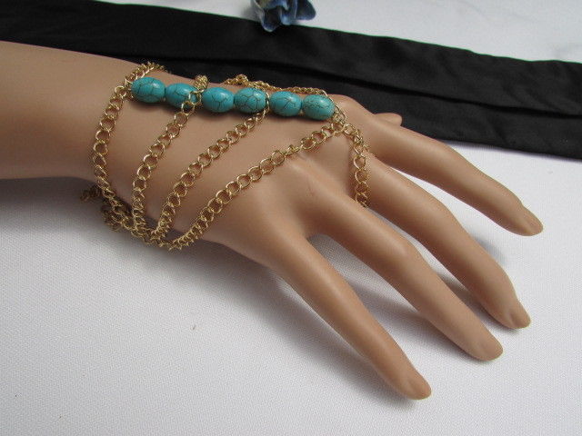 WOMEN GOLD FASHION JEWELRY HAND CHAINS TURQUOISE BLUE BEADS BRACELET SLAVE RING