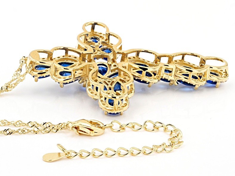 Blue Lab Created Spinel 18k Yellow Gold Over Silver Cross Pendant W/ Chain 8.22