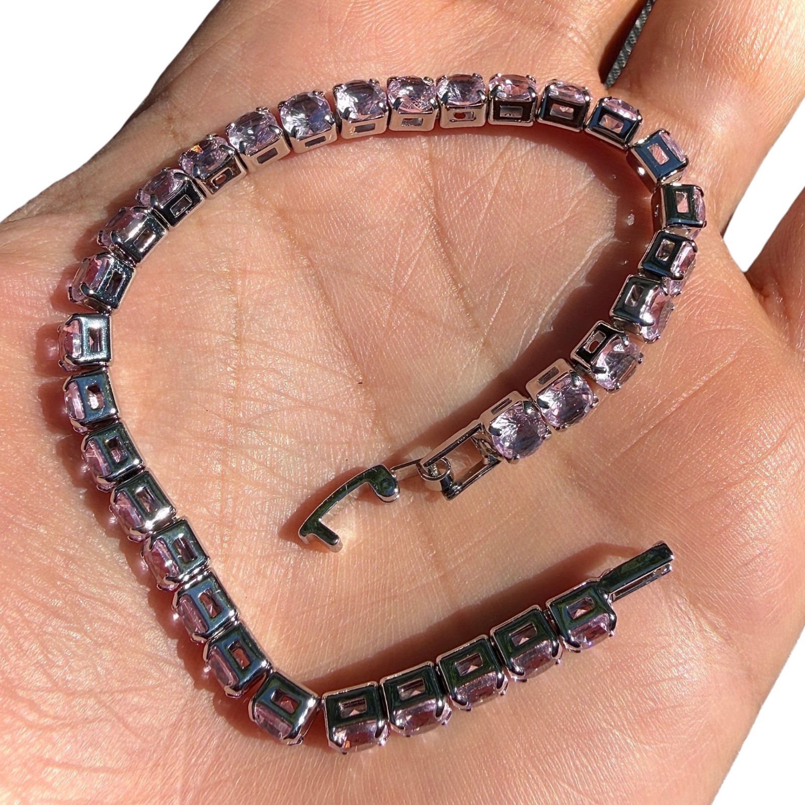 Tennis Bracelet Pink Stones Silver Plated 6.7in 7.5in Dainty