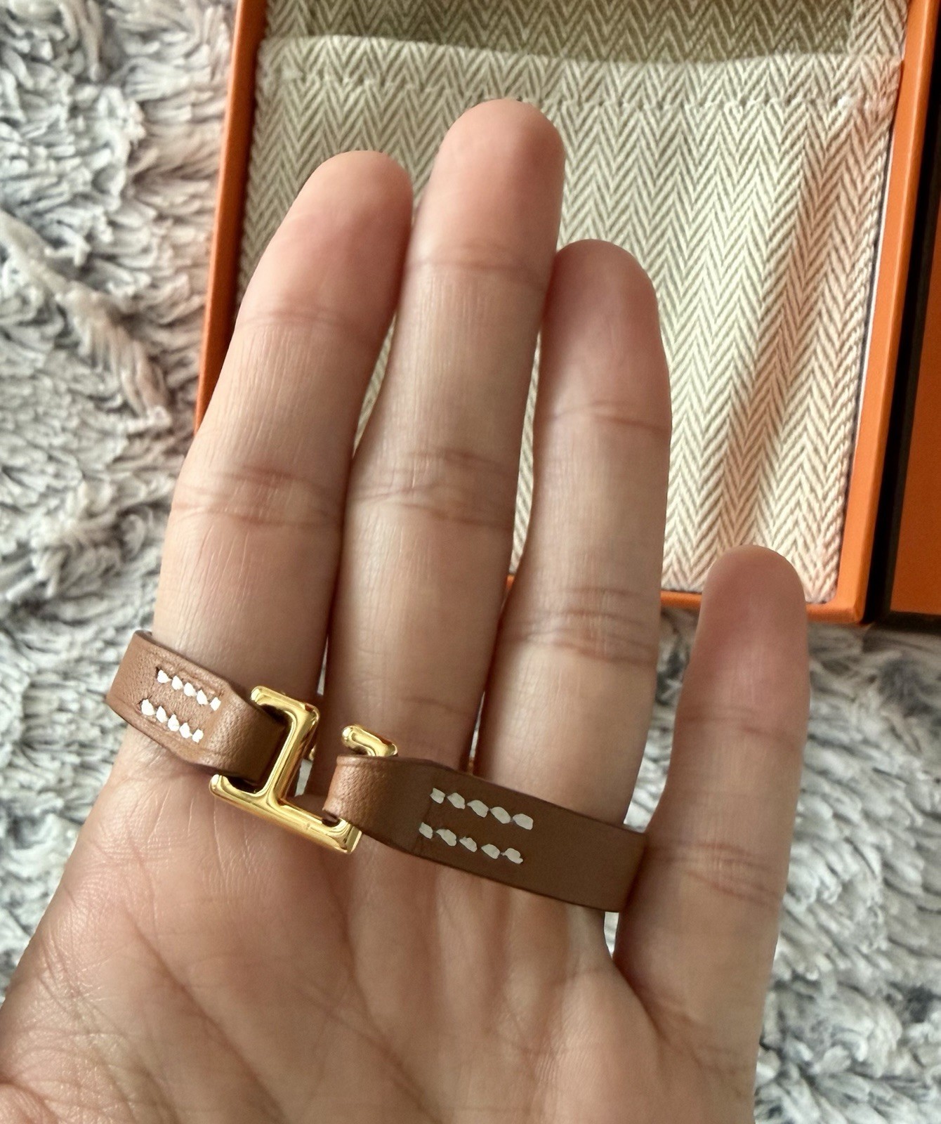 AUTHENTIC HERMES RIVALE MINI BRACELET GOLD PLATED IVORY LEATHER STRAP