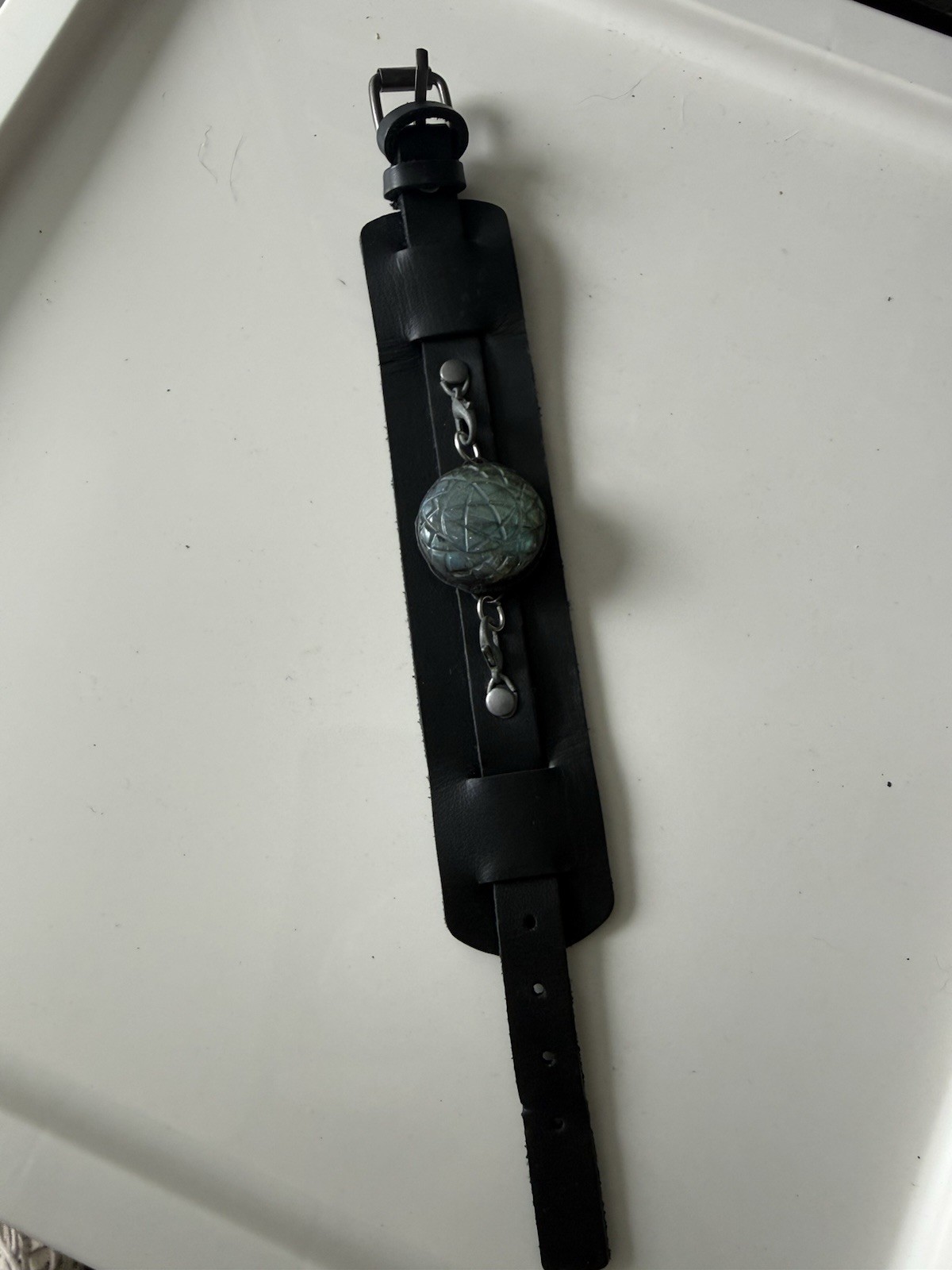 Black vegan Leather Wide Cuff Bracelet w/ Buckle Closure, Adjustable labradorite