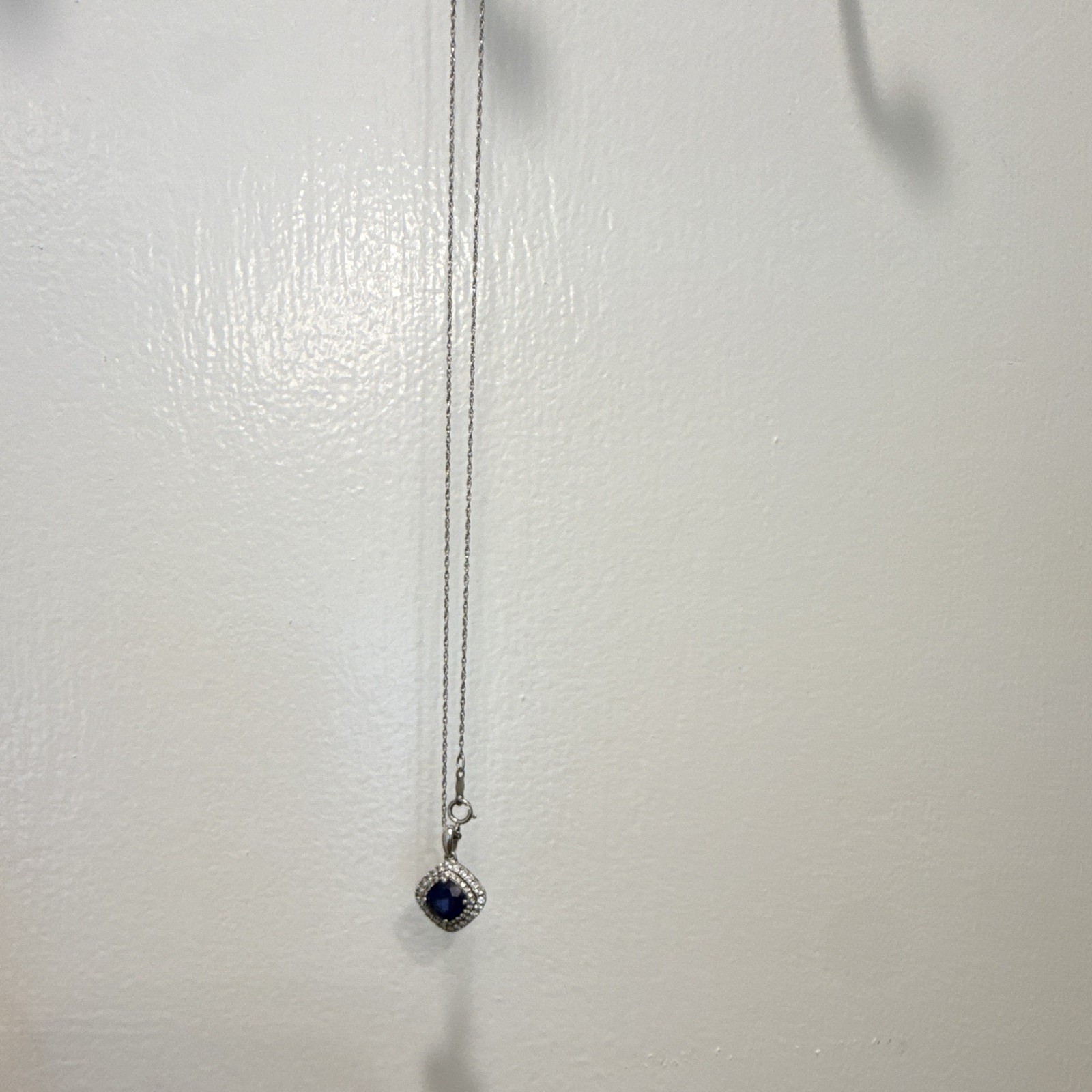 Silver Tone Metal Cable Chain Necklace Blue Cushion Square Halo Charm Pendant