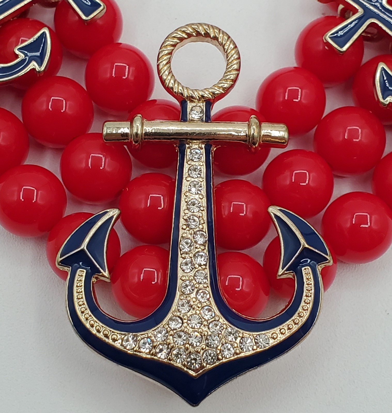 CC Nautical Set Necklace 19in Red Bead Triple Strand Blue Anchor 2 Sailboat Pins