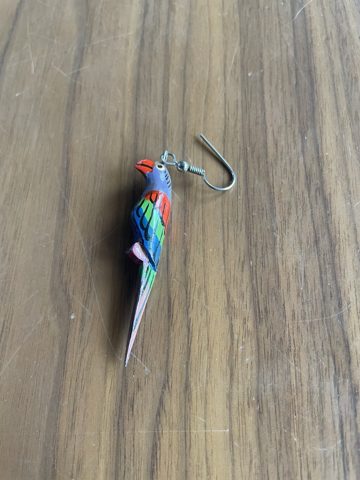 Wooden Bird Parrot Earrings Cute Wood Dangle Hook Parakeet Retro Vintage Japan