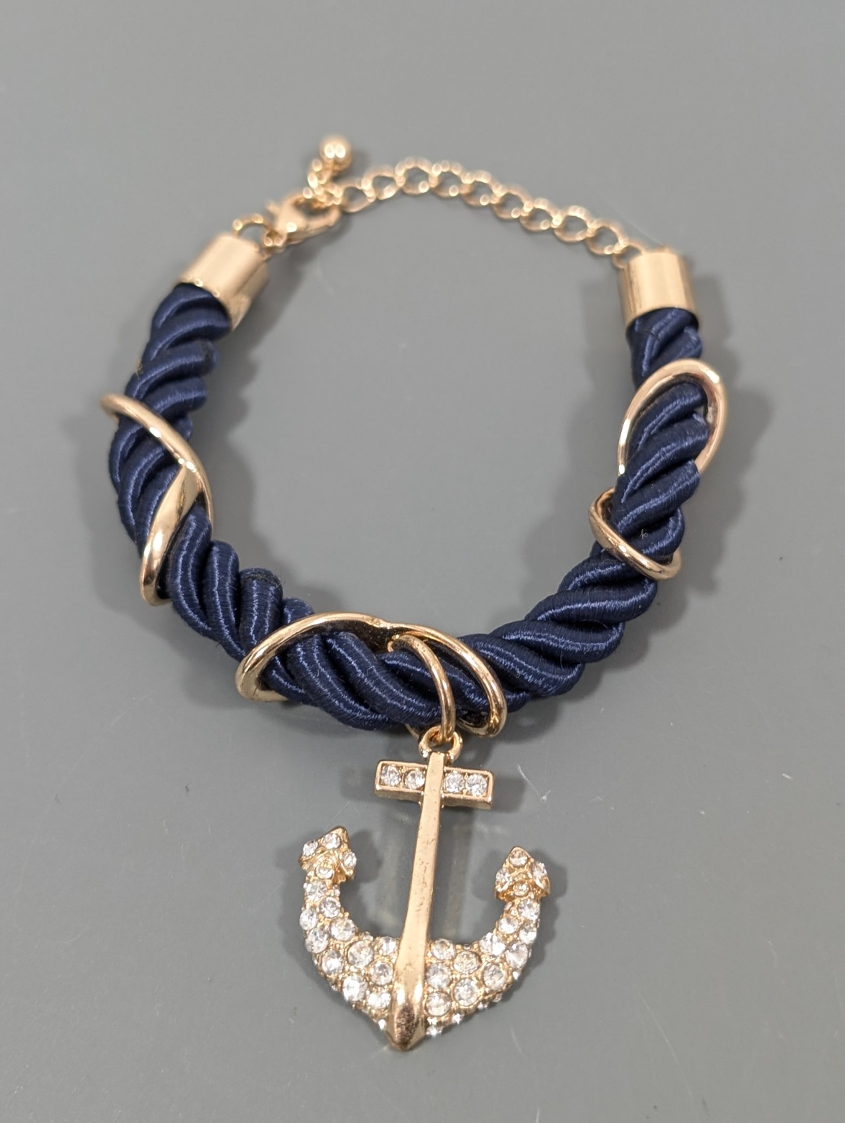 Nautical Coastal Blue Cord Gold Tone Anchor Pave Rhinestone Bracaelet 9 in