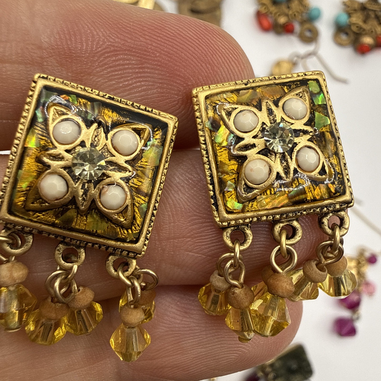 Colorful Boho Dangle Earrings Eclectic Pierced 10 Pair Cha Cha Shell Crystal