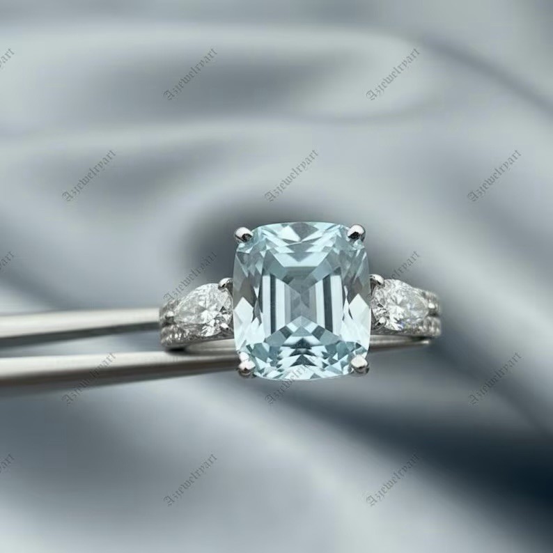 Cushion Cut Aquamarine Ring 925 Sterling Silver Women’s Ring.