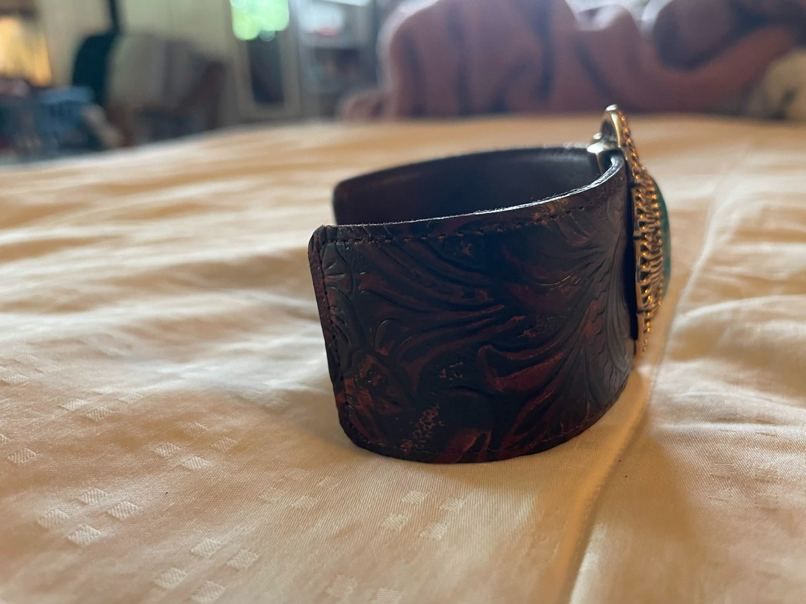 Barse Thailand, turquoise leather womens bracelet vintage gold tone