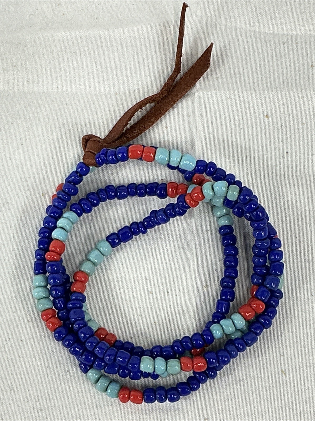 RTH Blue & Red Glass Beaded Leather Knot Necklace 28” Length
