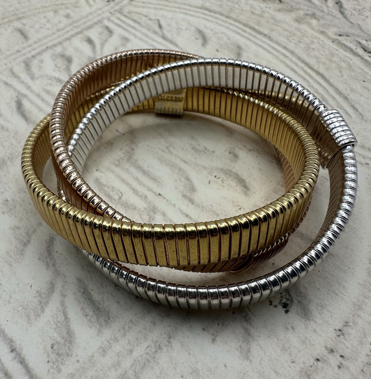 J. Crew Omega Interlocking Stretch Bracelets Tri Color Gold Silver Rose SOLD OUT
