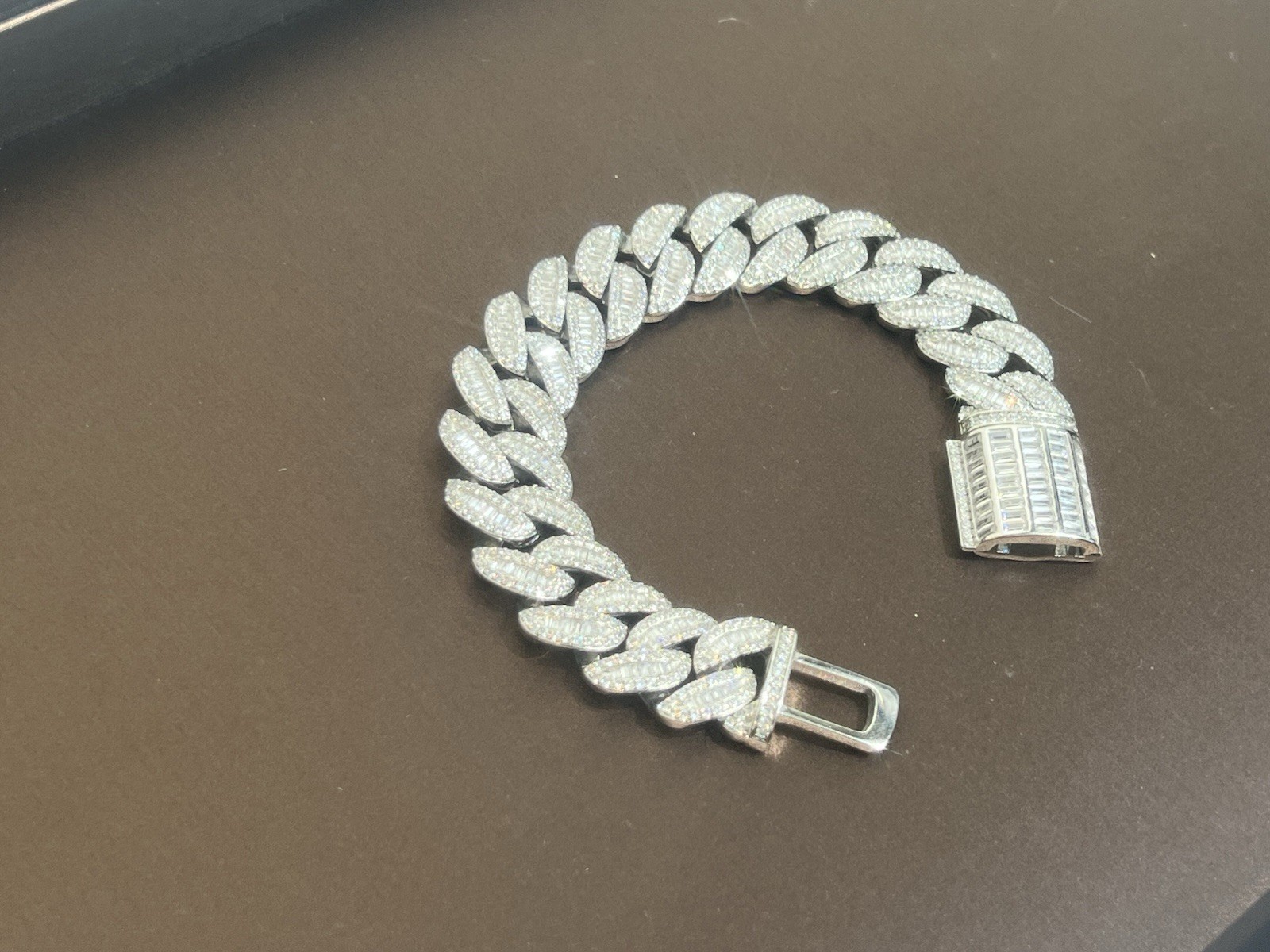 Iced Out Cuban Link Bracelet Cubic Zirconia CZ Silver Tone Baguette Clasp