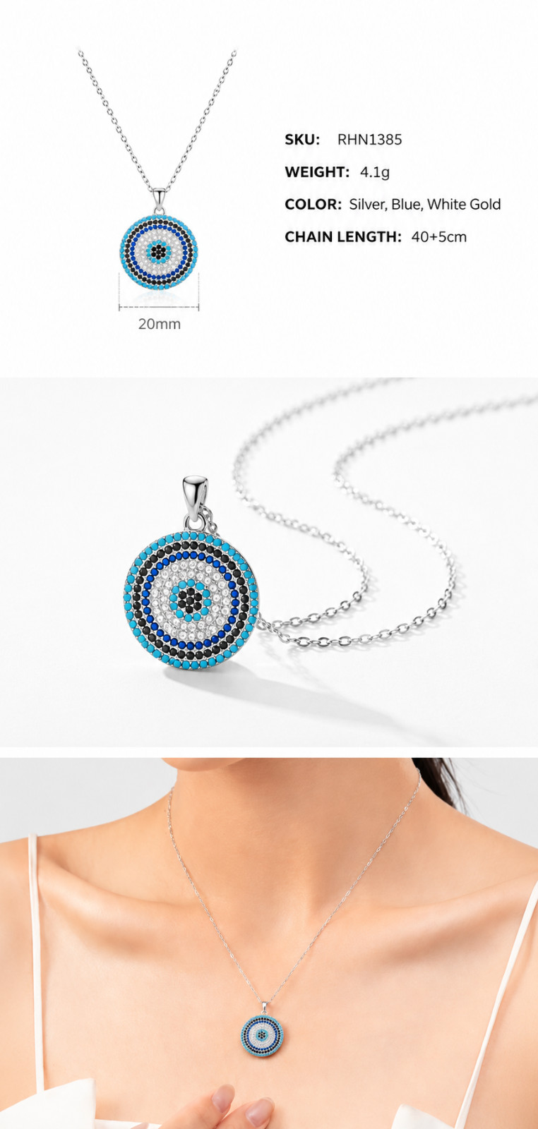 925 Sterling Silver or Gold-Plated Silver Blue CZ Evil Eye Necklace