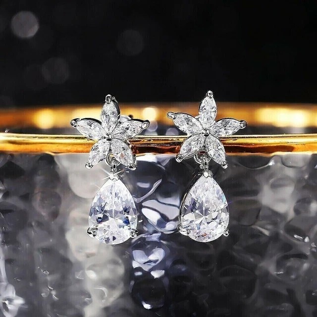 2Ct Pear Cut Simulated Diamond Drop Dangle Earrings 14k White Gold Plated