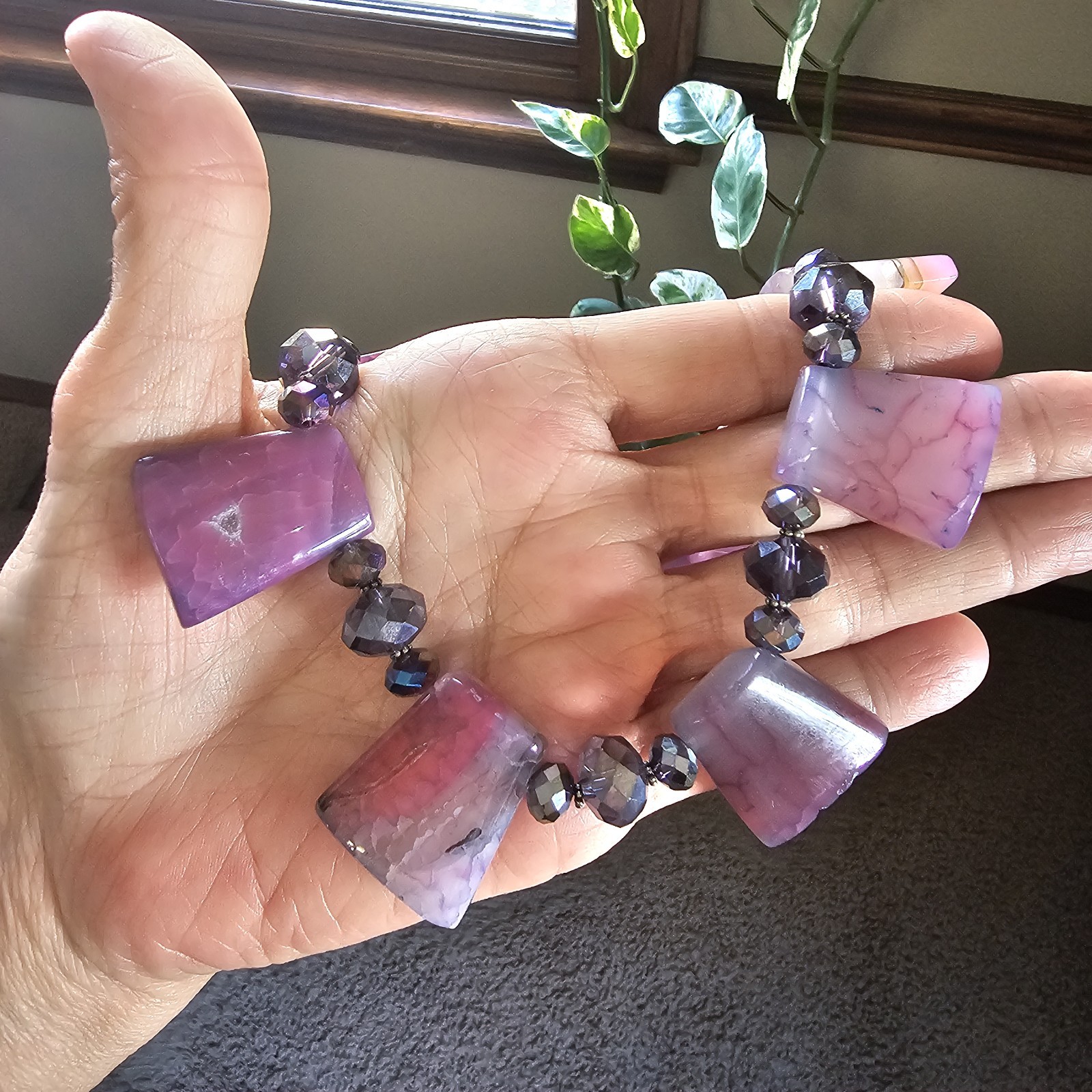 Donna Dressler Statement Necklace Sterling Silver 925 Pink Agate Stone Heavy 21″