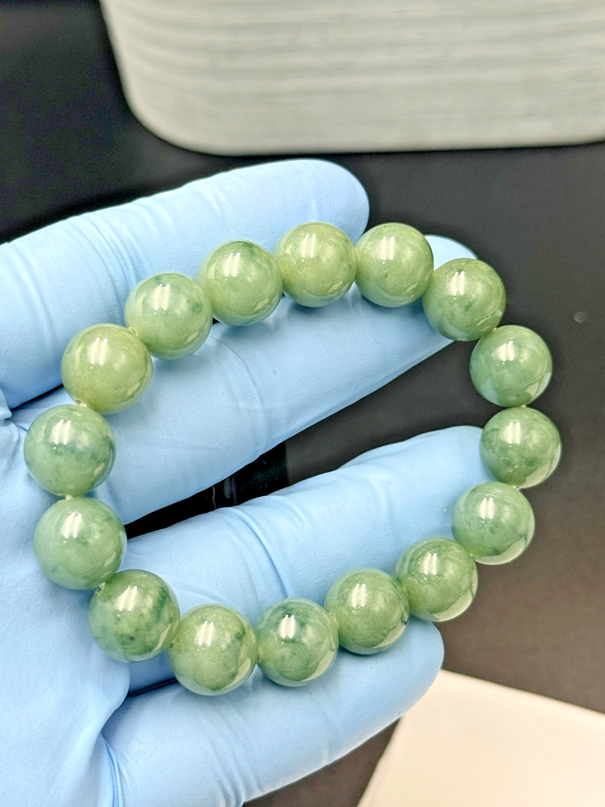 Certified Natural Jadeite Jade Beaded Bracelet Green Float FLWR 13.1 mm #100077