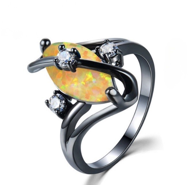 Gorgeous Unique Black Gold Filled Yellow Fire Opal CZ Marquise Ring Size 6