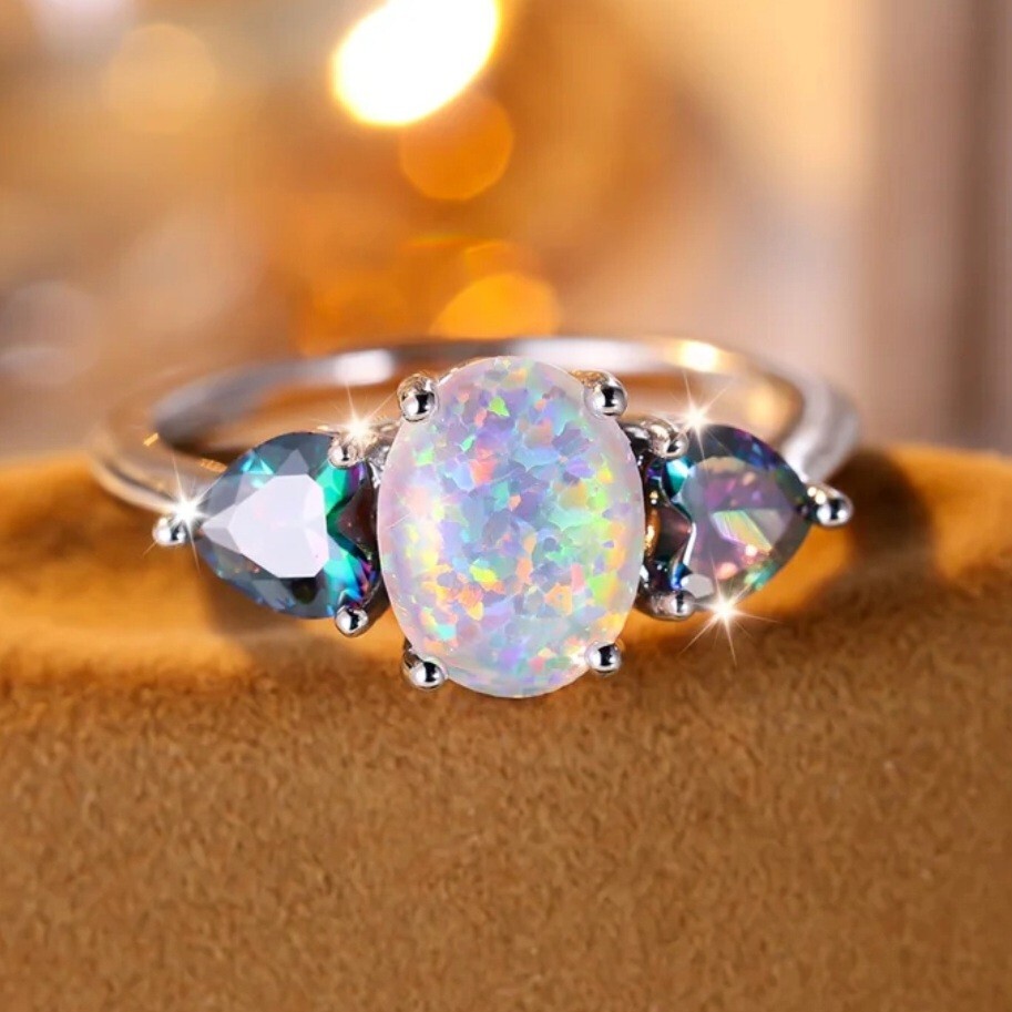 925 Sterling Silver Fire Rainbow Opal Mystical Topaz Engagement Ring Size 8