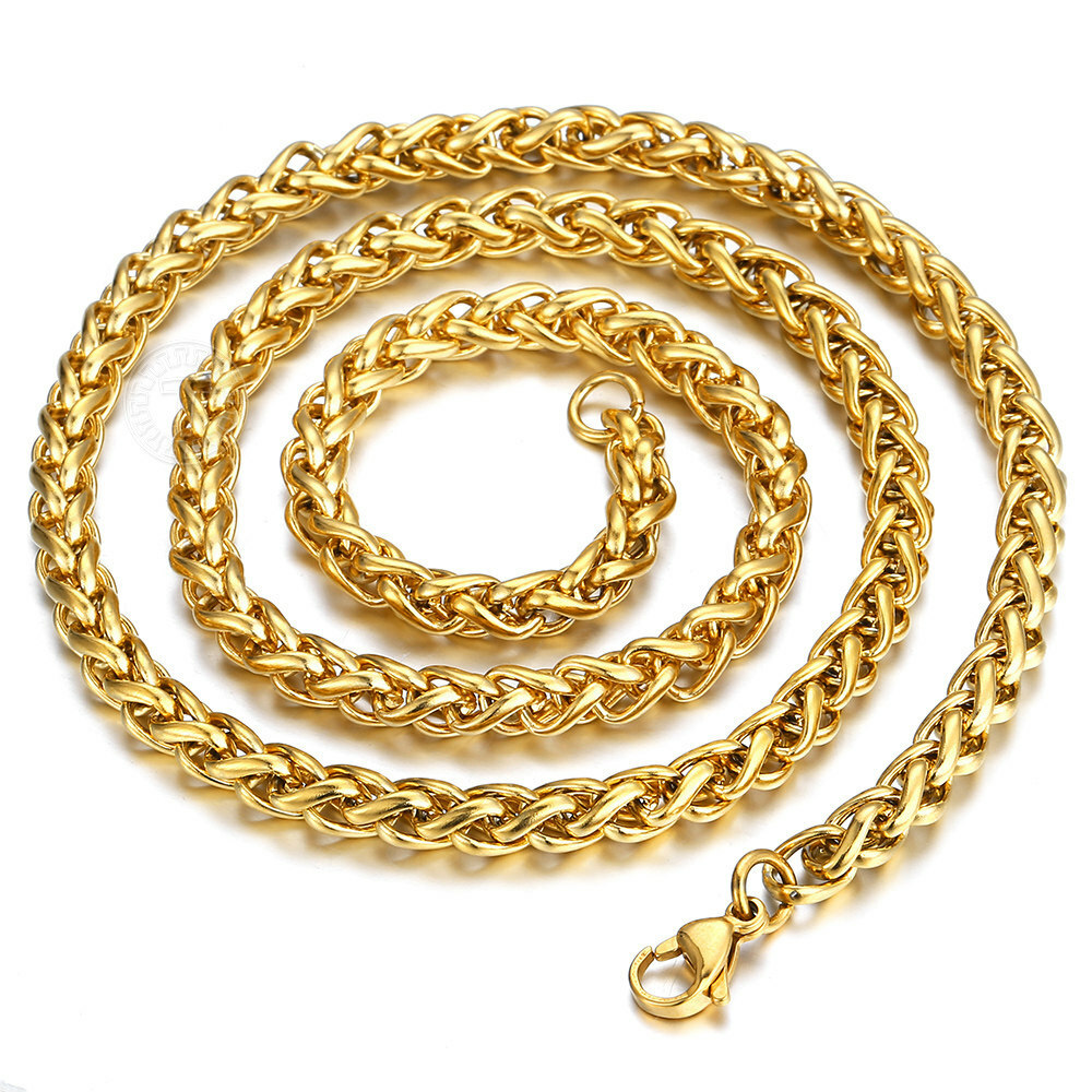6mm Mens Gold Plated Stainless Steel Wheat Spiga Link Chain Necklace 18″-24″