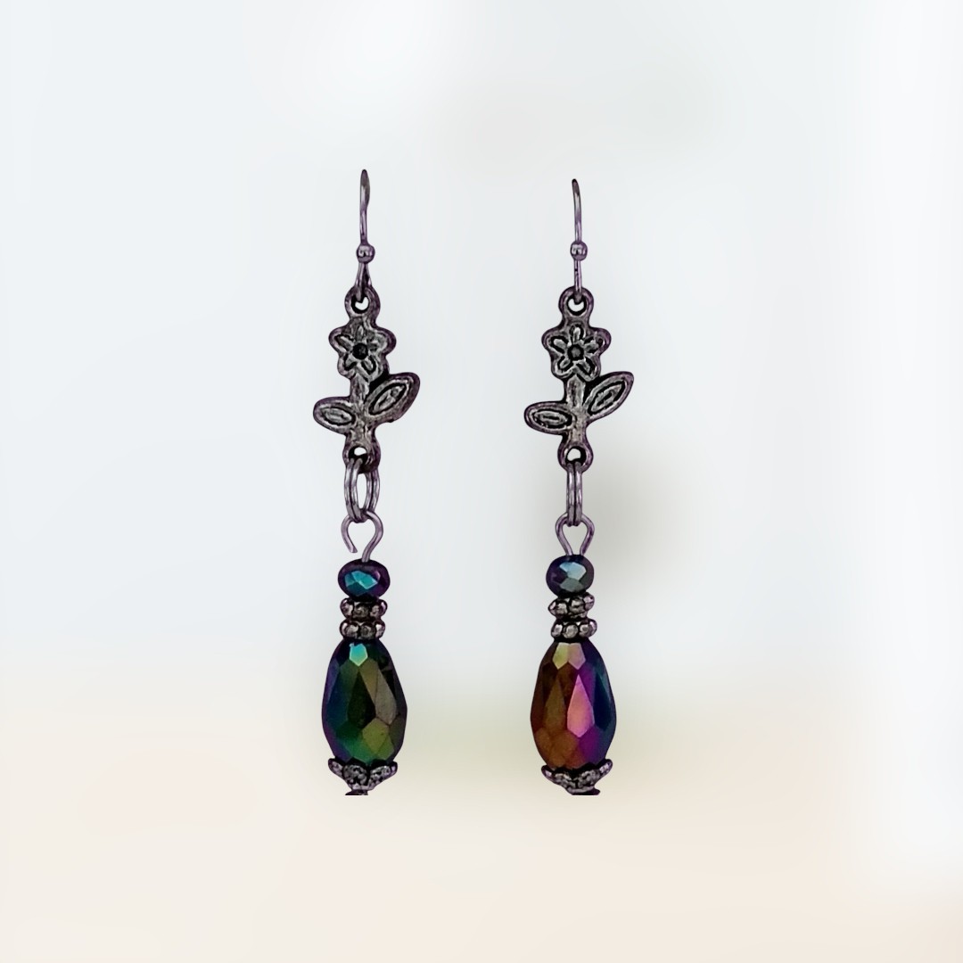 Handcrafted IRRIDESCENT BEADS SILVERTONE FLOWERS Double-Sided Dangle Earrings