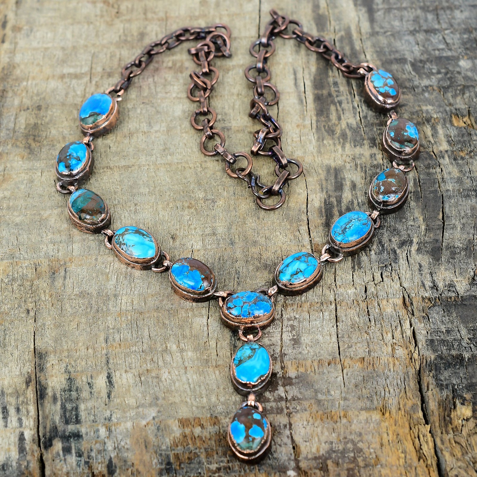 Copper Oval Tibetan Turquoise Stone Electroformed Bezel Chain Necklace Jewelry