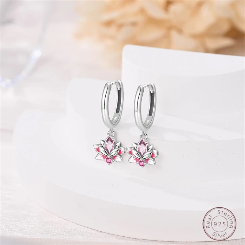 925 Sterling Silver Lotus Zircon Drop Earrings Women Wedding Classic Jewelry