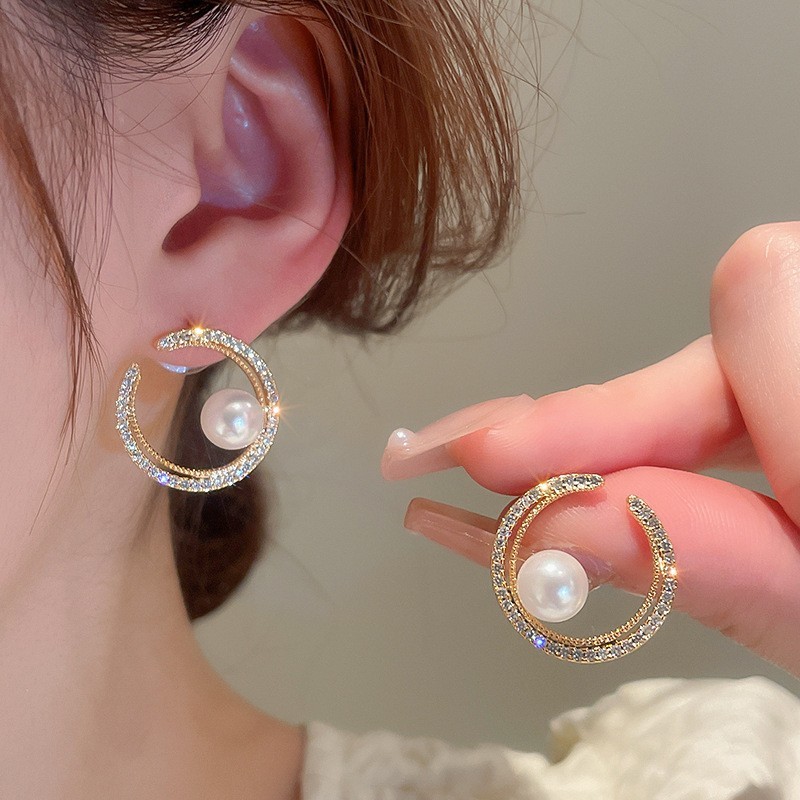 Sparkling Clear CZ Pavé C-shaped & White Pearl Golden Stud Earrings