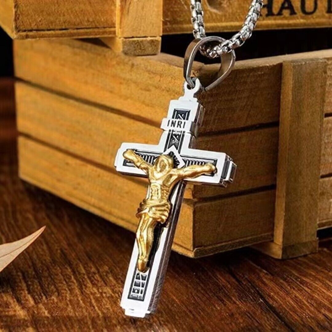 Jesus Christ Crucifix Cross Pendant Necklace For Men Catholic Jewelry Chain 24″