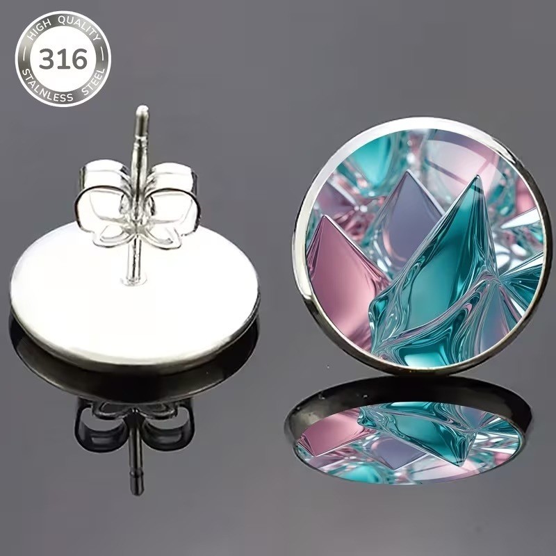 316 Stainless Steel Abstract Geometric Stud Earrings Teal Pink Crystal Mountain