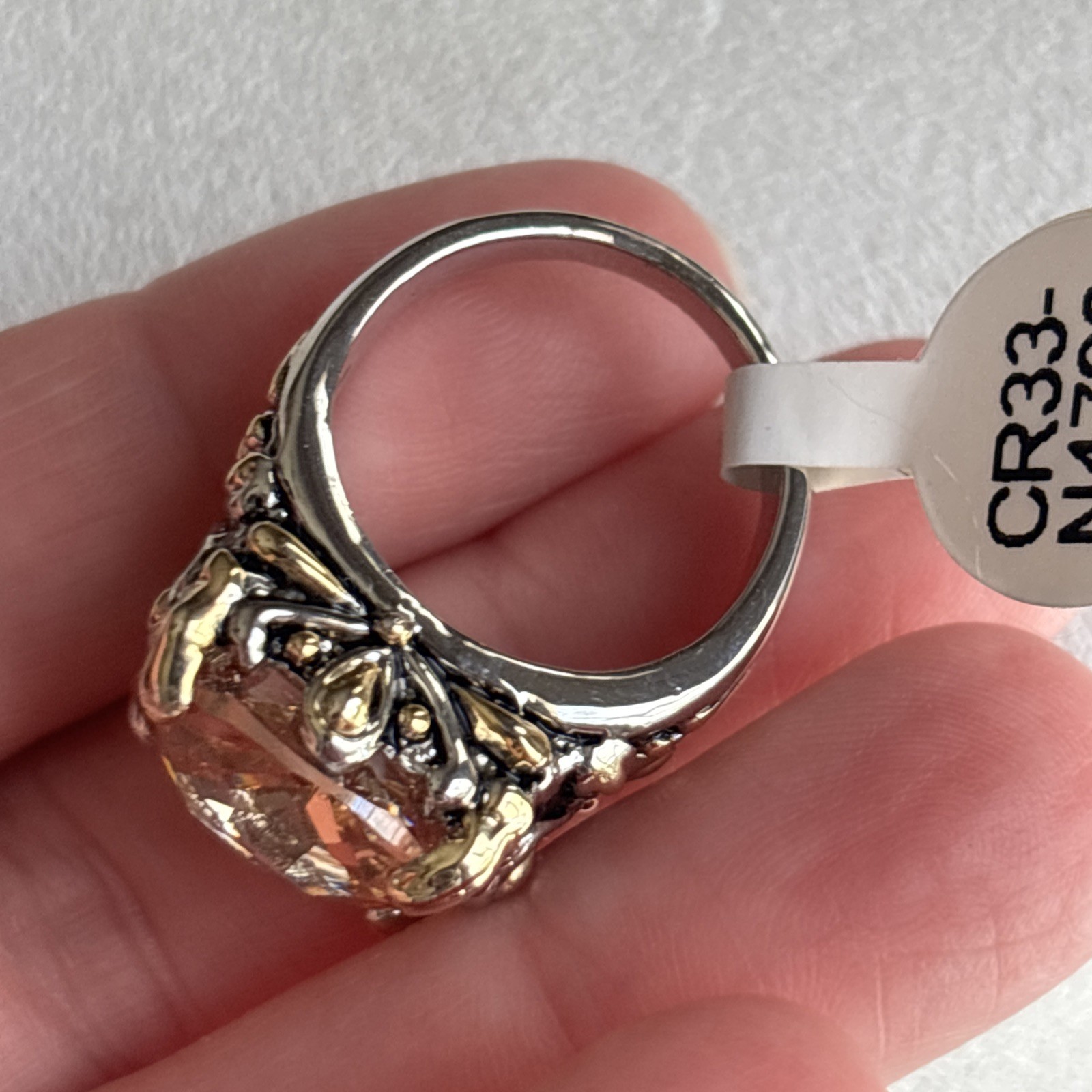 Inspirational Champagne Cushion Cut CZ Crystal Silver Gold Balinese Ring Size 7