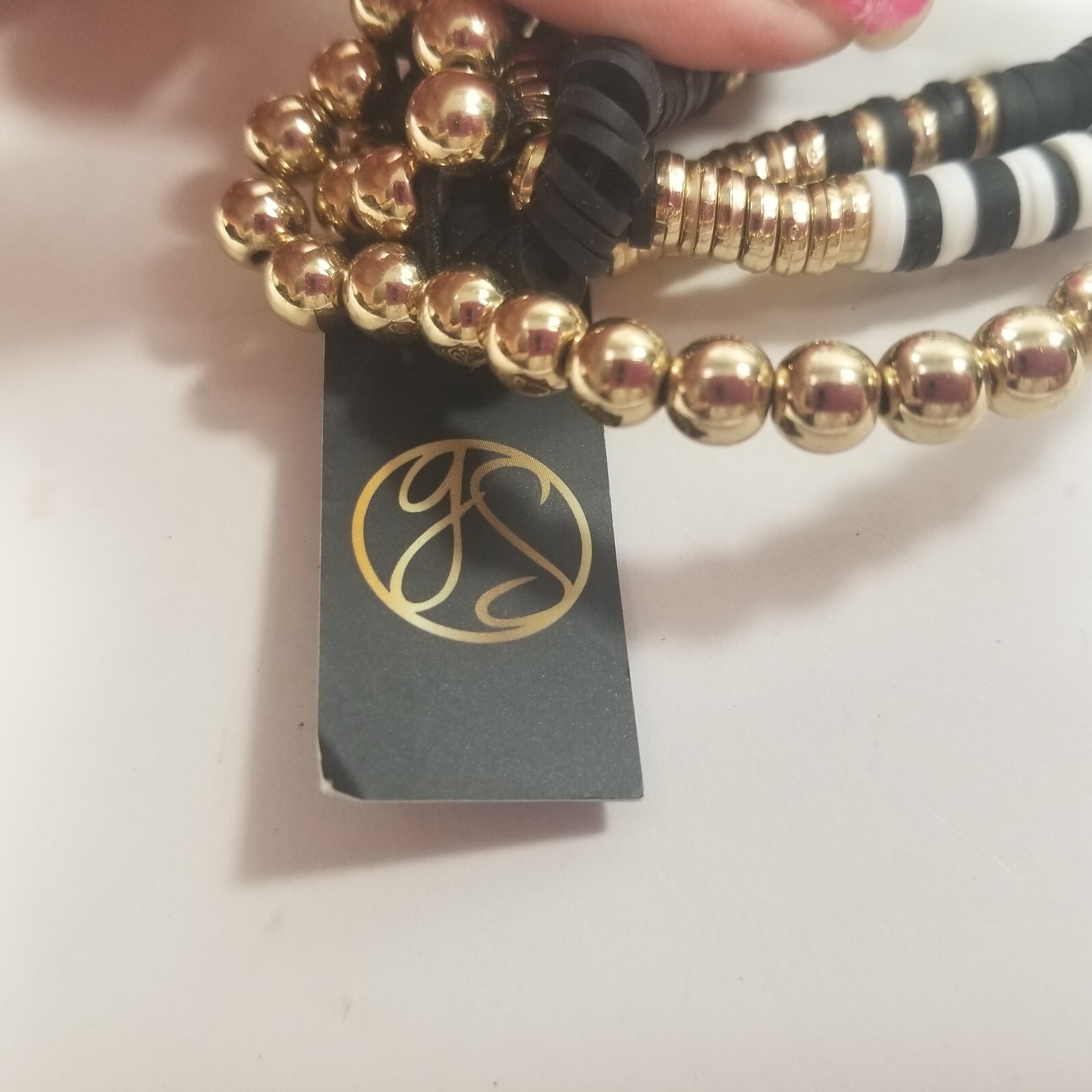 Gold tone Multi-Strand Bracelet Black White Layered